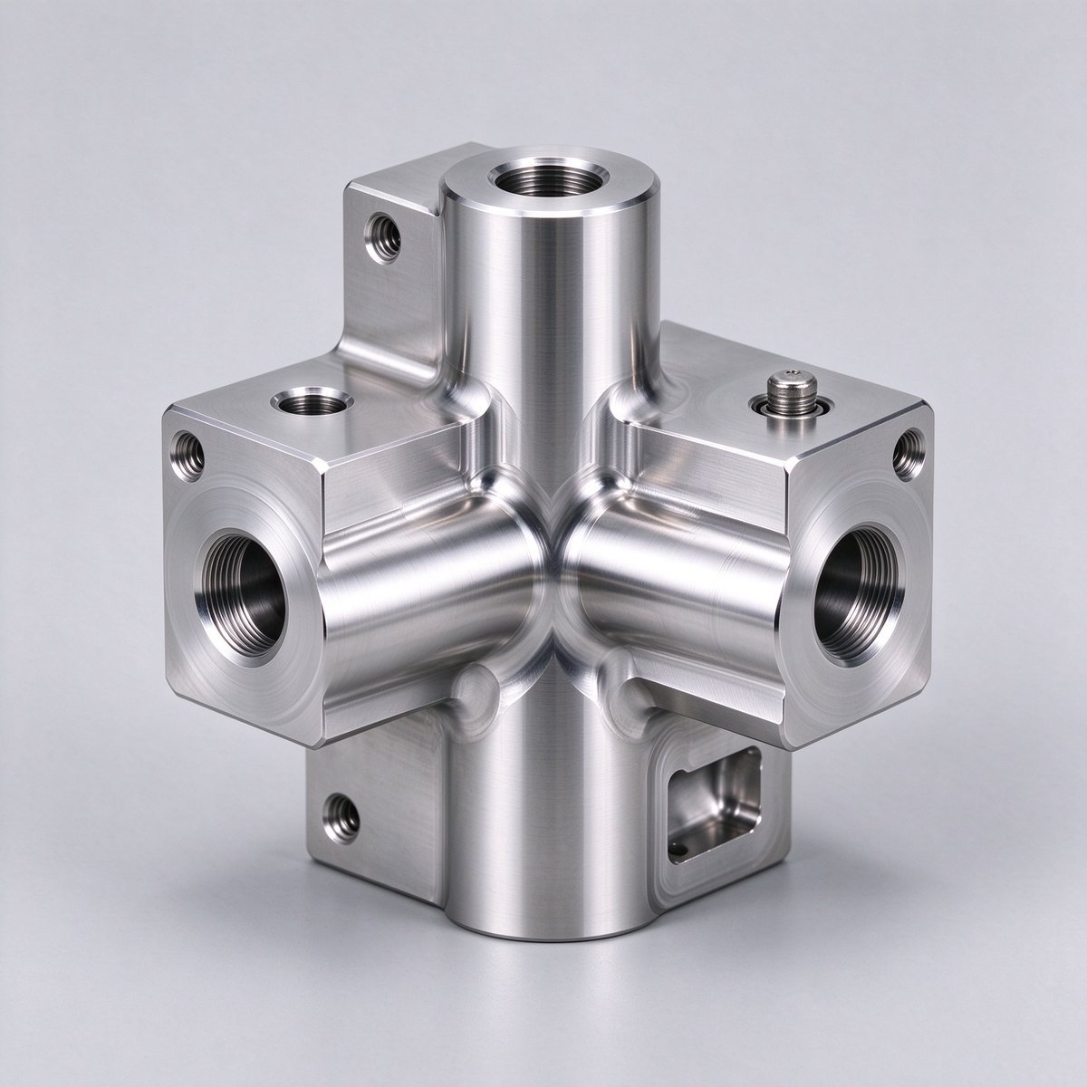5-Axis CNC Machined Stainless Steel Cross Manifold Block