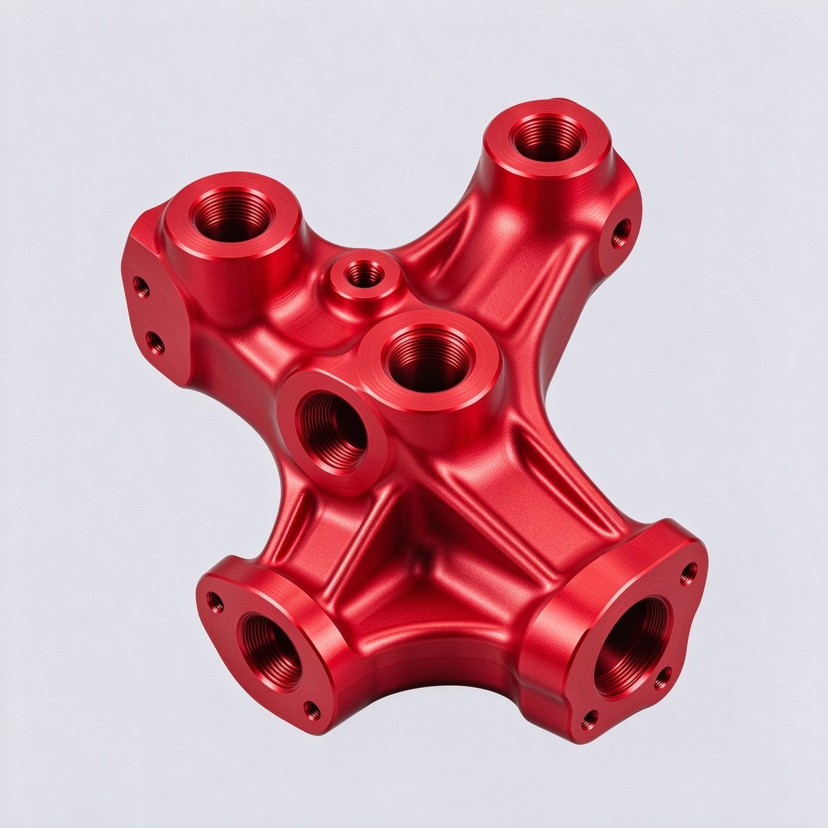 5-Axis CNC Machined Red Anodized Aluminum Multi-Port Manifold