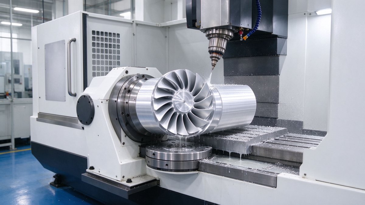 A 5-axis CNC machining center milling an aluminum impeller on a tilting rotary table
