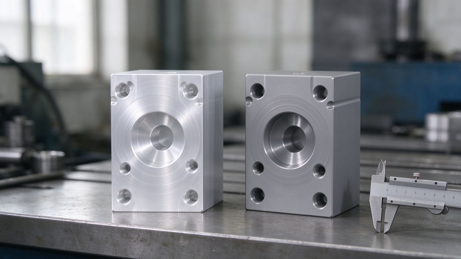 Two machined aluminum blocks in 6061 and 7075 alloy placed side by side on a workbench