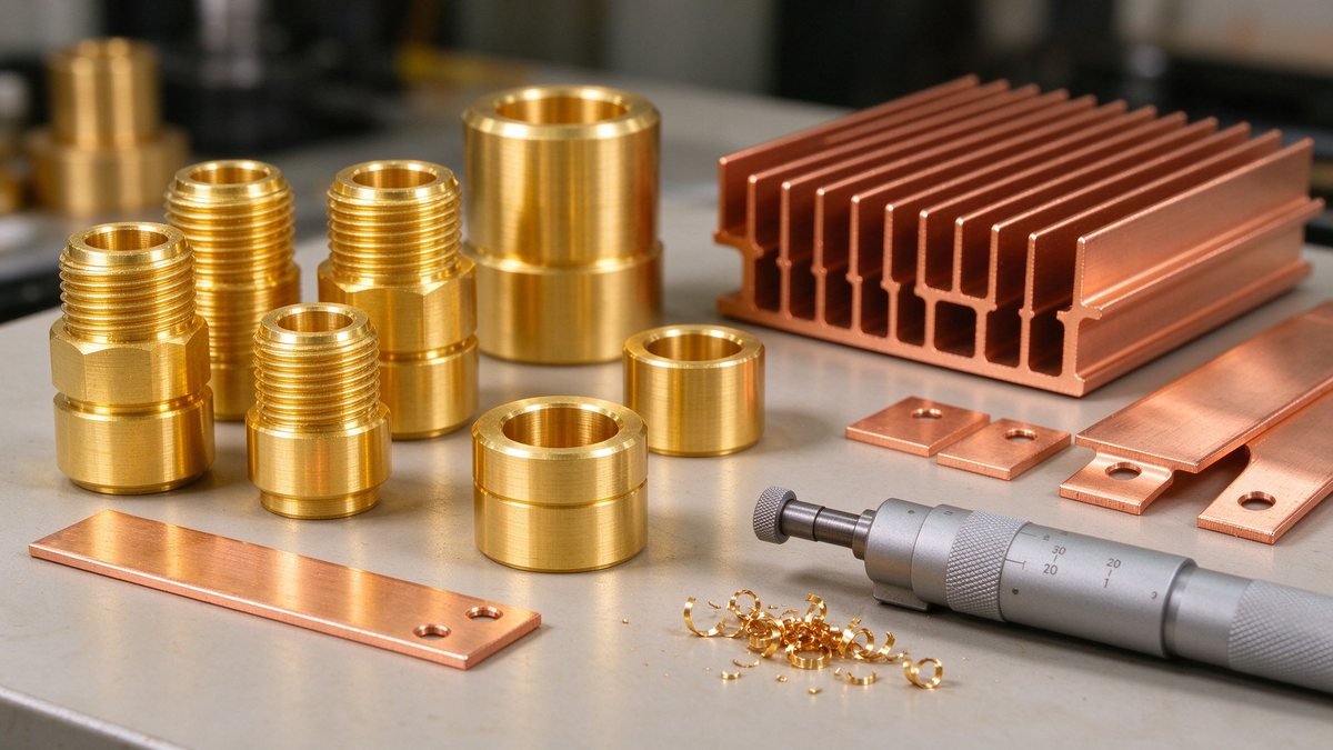 CNC turned brass fittings and copper heatsinks on a workbench with a micrometer