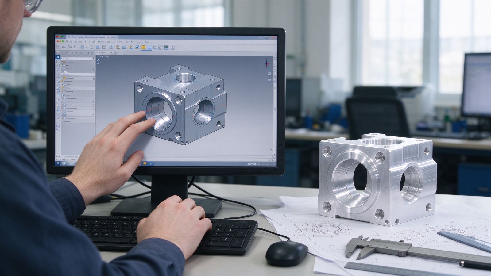 Engineer reviewing a CAD model of a machined part with a finished aluminum prototype on the desk