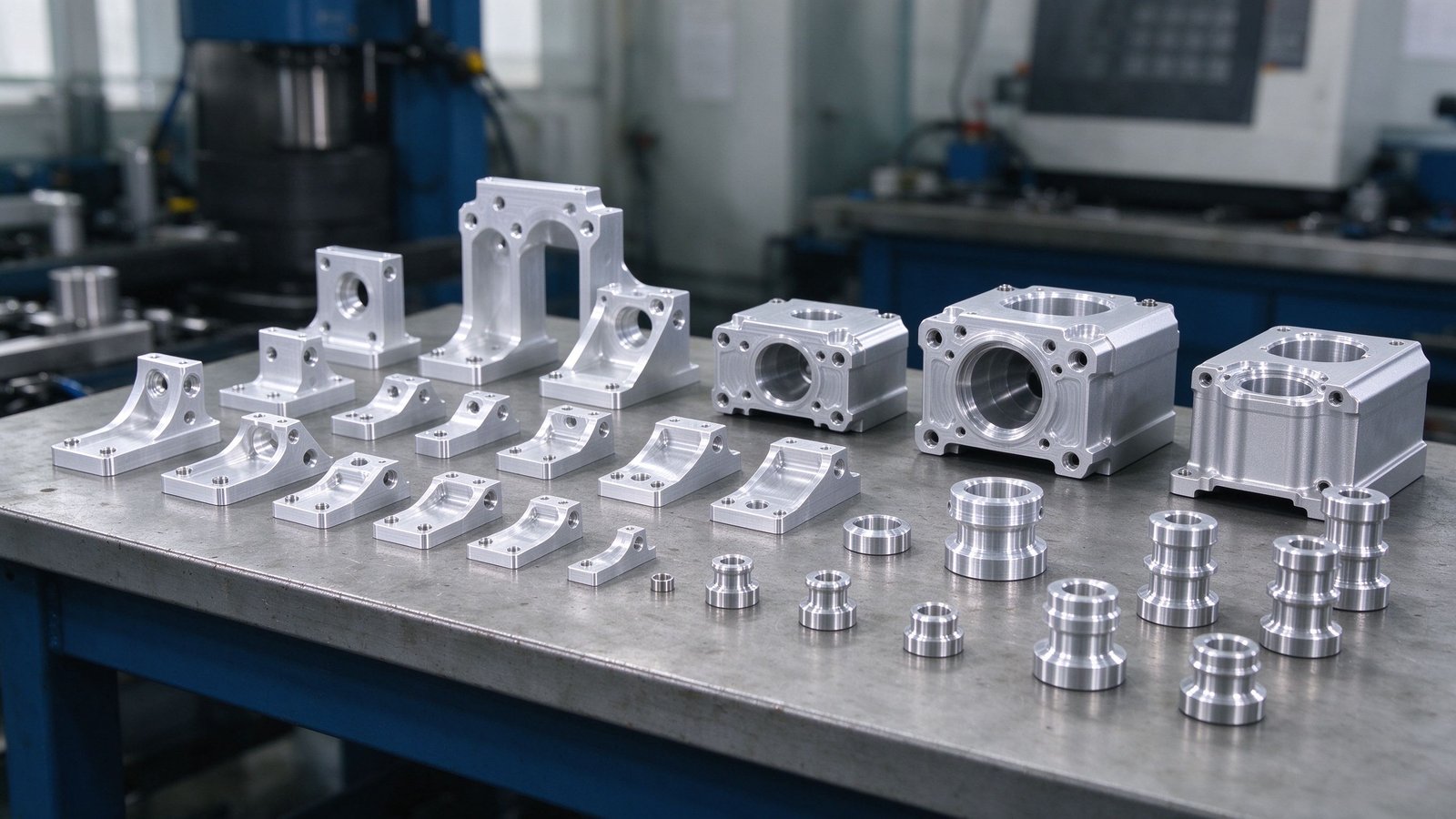A set of CNC machined metal prototype parts arranged on a workshop bench