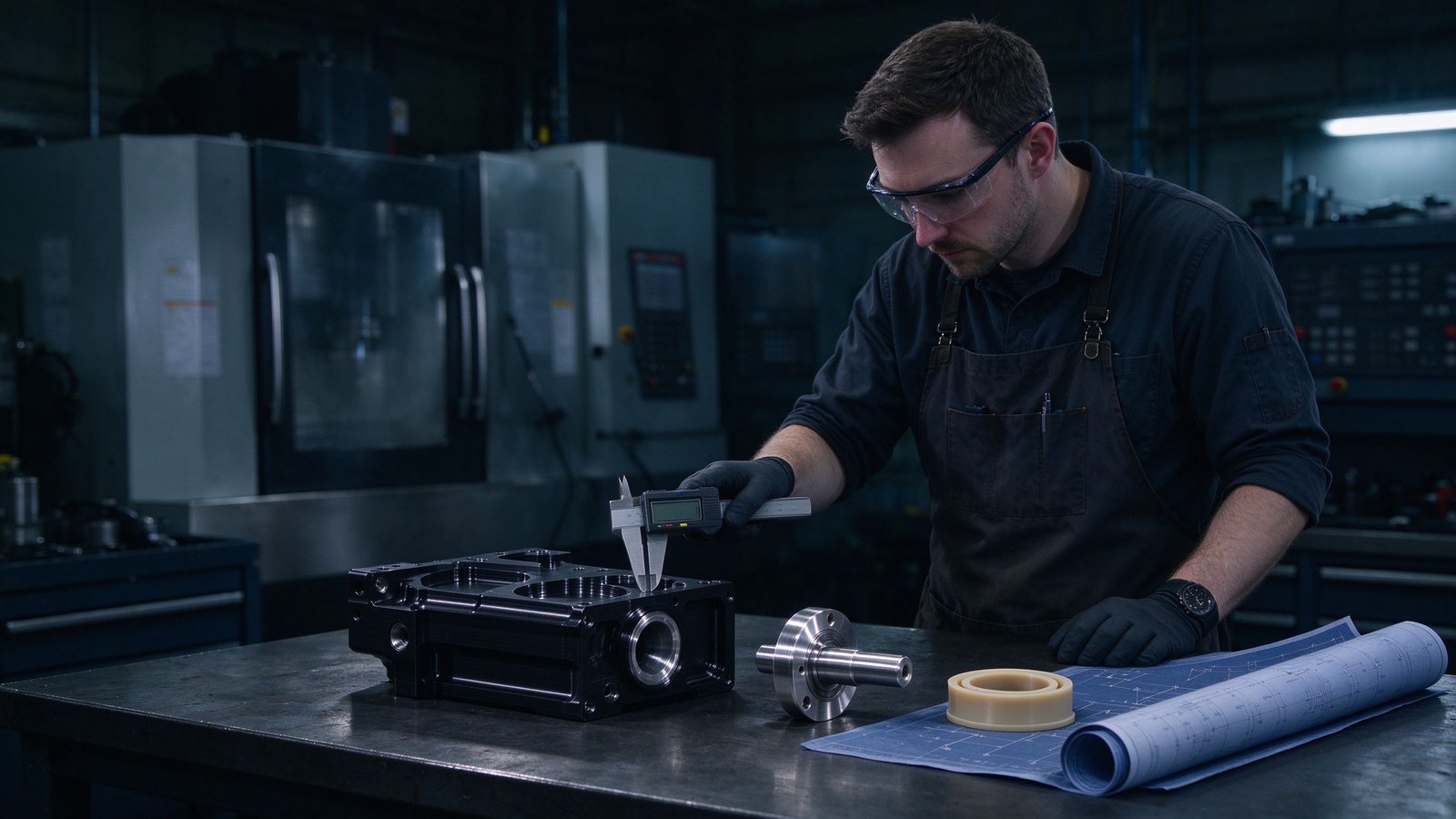 Engineer inspecting custom CNC machined aluminum, stainless steel and PEEK precision parts with calipers and drawings in a workshop