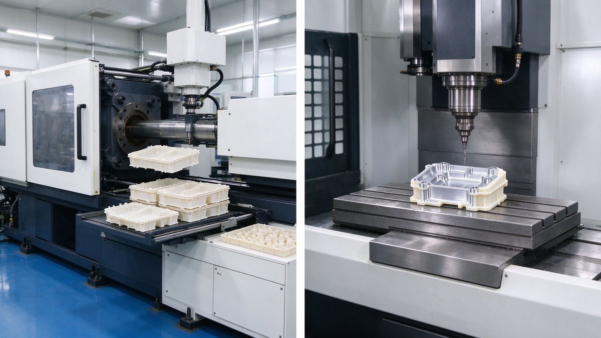 Plastic injection molding machine and CNC milling machine producing plastic parts side by side