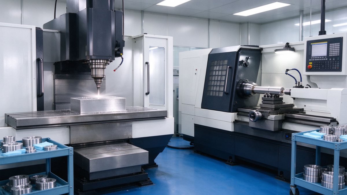 CNC milling machine and CNC turning lathe side by side in a precision machining workshop