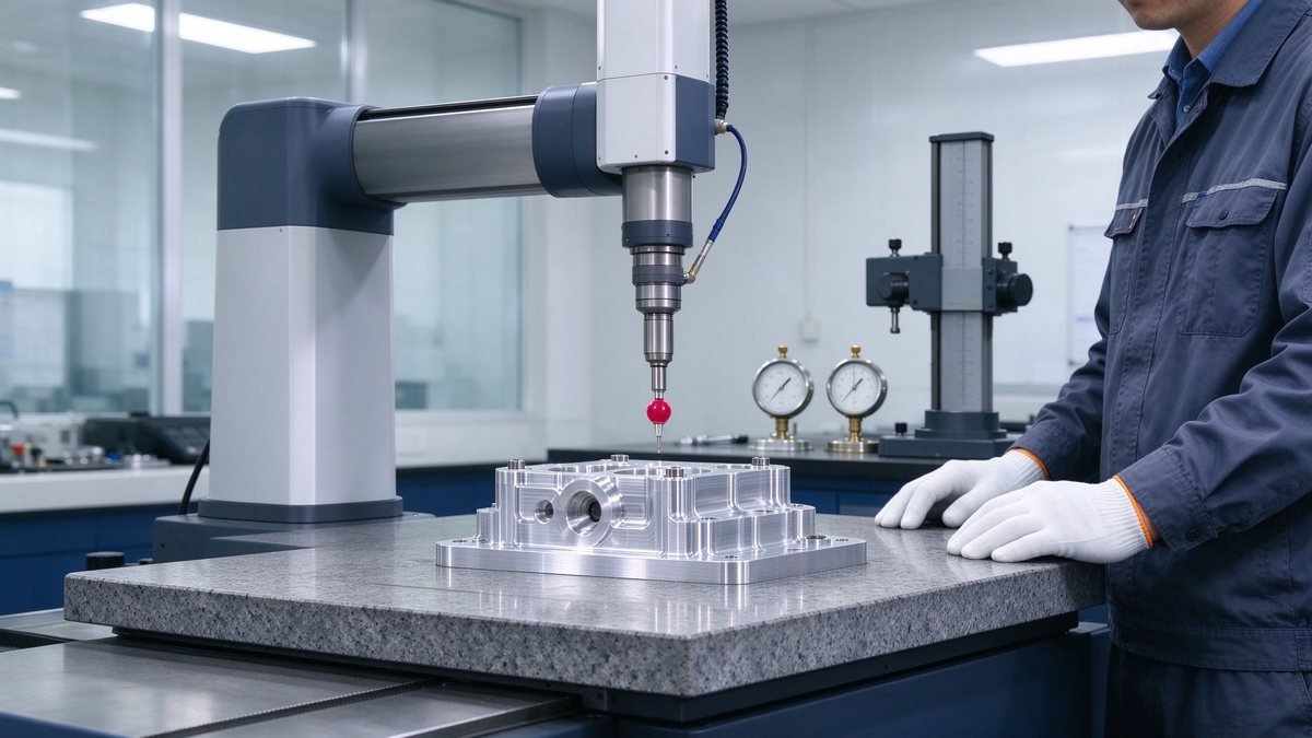 CMM coordinate measuring machine probe inspecting a precision machined part in a metrology lab